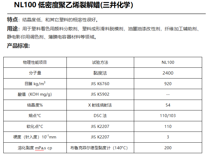 三井HI-WAX NL100低密度聚乙烯裂解蜡（ PE蜡NL100）